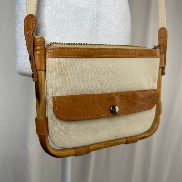 Vintage Slim Beige Tan Canvas Bamboo Frame Shoulder Mini Bag - Picture 3 of 9